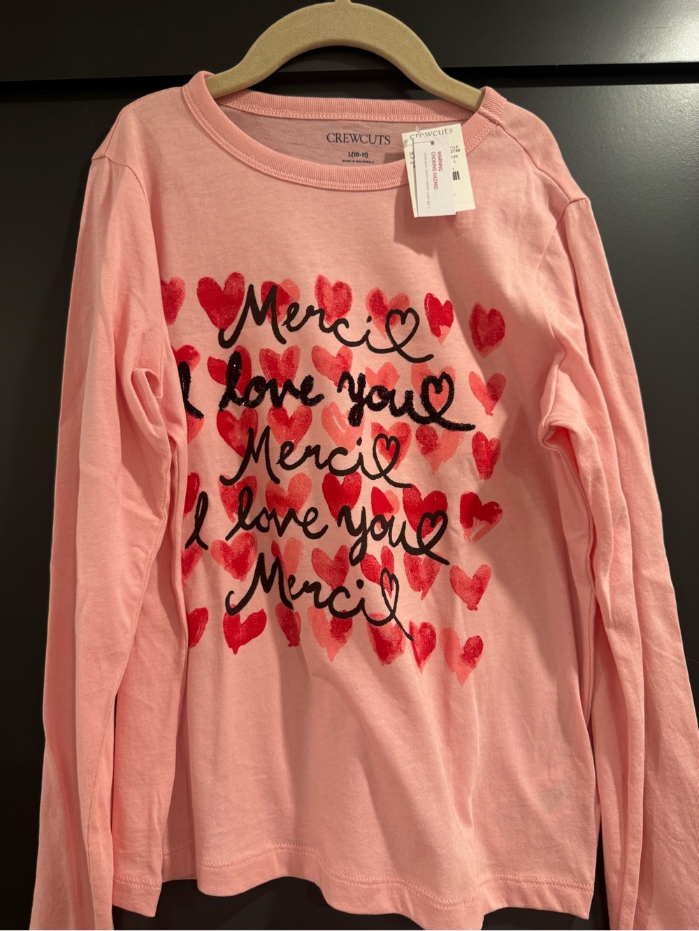 Crewcuts Pink Long Sleeve Tee with Red Heart & Script Graphic